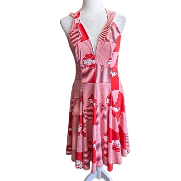 Antrhopologie Eva Franco Fit and Flare Dress Red White Floral Swing Elegant SZ 4 - Picture 2 of 15